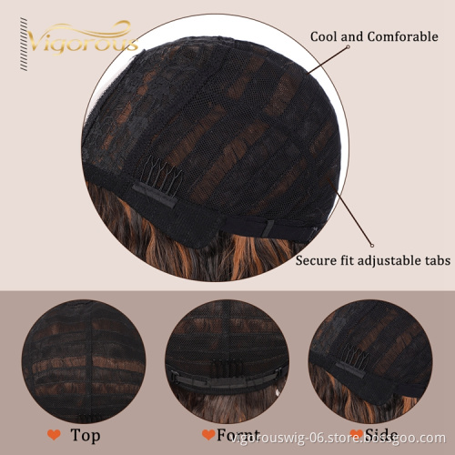 Vigorous Fiber Body Wave Short Highlight Mixed Brown Black U Part Swiss Lace Front Synthetic Wigs Heat Resistant Bob